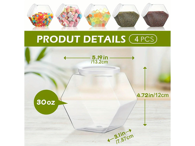 4pcs Hexagonal Plastic Candy Jar Clear Cookie Containers for Snacks Airtight Dry Goods Containers for Kitchen Pantry
