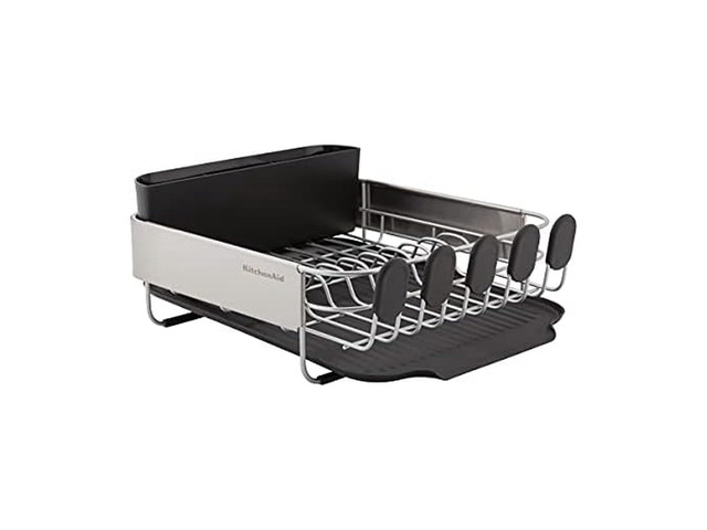 Compact, Space Saving Rust Resistant Dish Rack with Removable Flatware Caddy and Angled Self Draining Drainboard, 16.06-Inch, Black