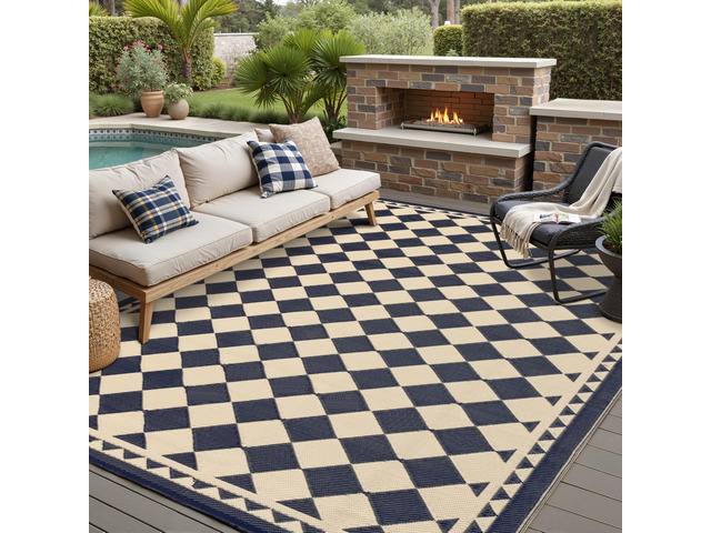 9x12 Black Beige Checkered Waterproof Outdoor Rug for Patio Extra Large Reversible Outdoor Mat, Plastic Straw, Easy Clean for Patio, Poolside,...