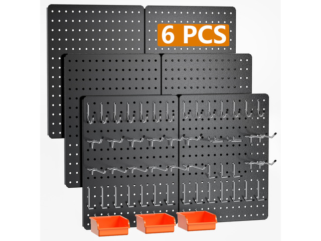 Peg Board, 112PCS Heavy Duty Metal Pegboard with Hooks, 6 Pack Black Peg Board Panels, 60lbs Load Capacity Each, Pegboard Wall Organizer for...