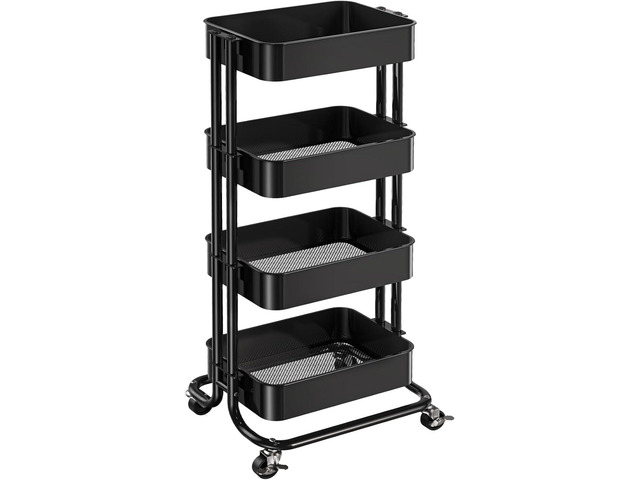 4 Tier Metal Rolling Utility Cart with 2 Lockable Wheels, Black 360Â° Rotating Wheel, Heavy-Duty Steel, Sturdy Dual Columns, Ventilated Mesh, Hold...