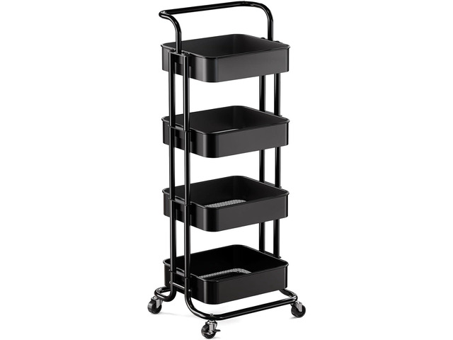 Metal 4 Tier Rolling Cart with Handle & 2 Lockable Wheels, Black Four Large 2' Wheels for Easy Motion, Sturdy Metal, Hold 22 lbs per Shelf, Ideal...