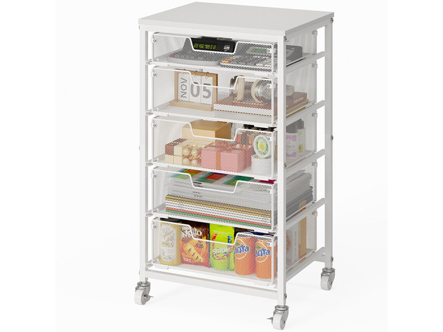 5 Drawers Rolling Utility Cart, Storage Drawer Cart with Wooden Top, Rolling Storage Cart on Lockable Wheels, Metal Utility Cart & Craft Storage...