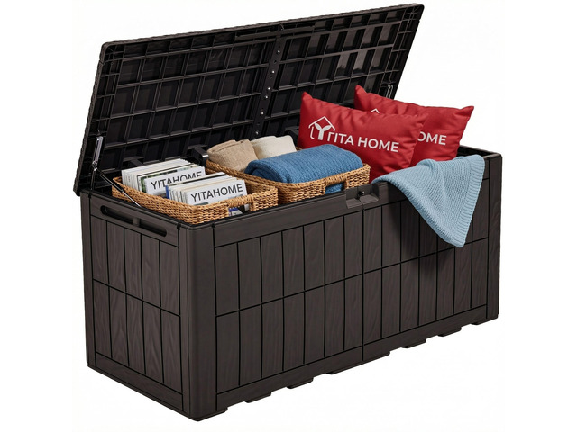 110 Gallon Outdoor Deck Box Waterproof Resin Storage Box with Lock, Lockable Patio Furniture Bin, 2-Person Bench Seating for Outdoor Cushions,...