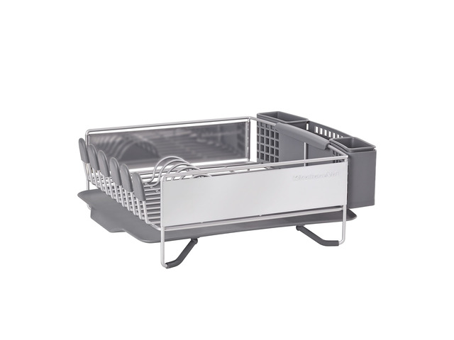 Compact Space Saving, Dish Rack with Removable Flatware Caddy and Angled Self Draining Drainboard, Satin Gray, 15-Inch-by-13.25-Inch