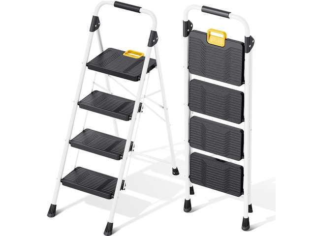 4 Step Ladder, Folding Step Ladders for Home, 800lb Capacity,White Step-ladder with Safety Lock Non-Skid Wide Pedals, and Handrail, Lightweight,...