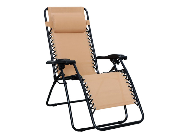 Zero Gravity Lounge Chair with Pillow, Foldable Outdoor Reclining Chair for Patio and Beach, Weather-Resistant Textilene, 300 lb Capacity, 26', Beige