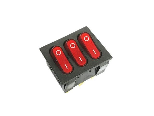 Three-gang, 2-position, 9-pin, red, illuminated, three-in-one combination rocker switch with boat-shaped power switch