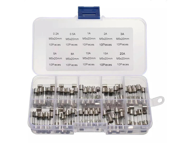 100PCS 5*20MM glass fuse box, containing 10 types of fuses with 10 pieces of each, ranging from 0.2A to 20A