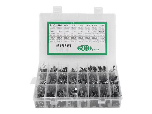 A set of 500 electrolytic capacitor classification boxes in 24 specifications, ranging from 0.1uF to 1000uF and 16V to 50V