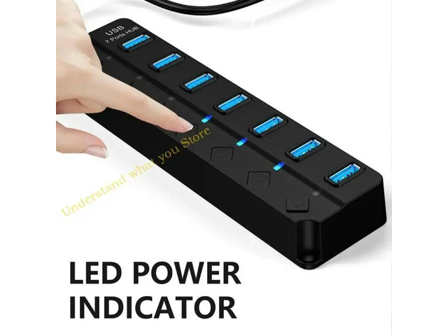 USB Adapter Hub with 7 Expandable Port Individual Switches, LED Indicators for Travel and Office Use USB Splitter