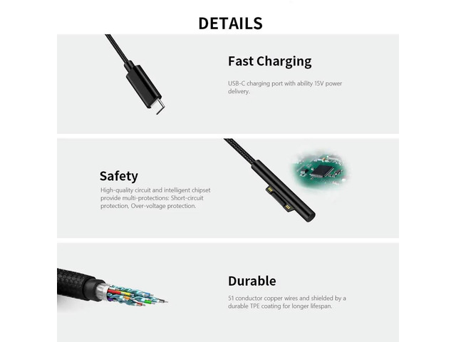 Nylon Braided USB-C Charging Cable For Surface Pro 6/5/4/3 Surface Laptop 1.5 M 45W 15V PD Power Supply Cable