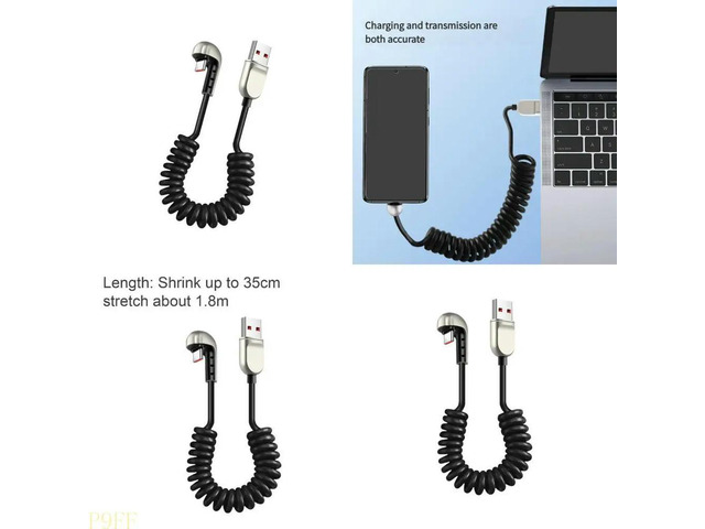 Flexible Spring Power Cable USB to Type C Quick Data Transfer Cable Angled End Silicone Texture for Various Gadgets