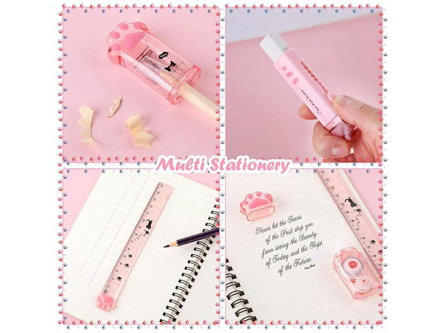 Cute Cat Paw Stationery Set, 6 Pcs Kawaii Cat Stationary Kit Pencil Sharpener Retractable Eraser Correction Tape Ruler Pink