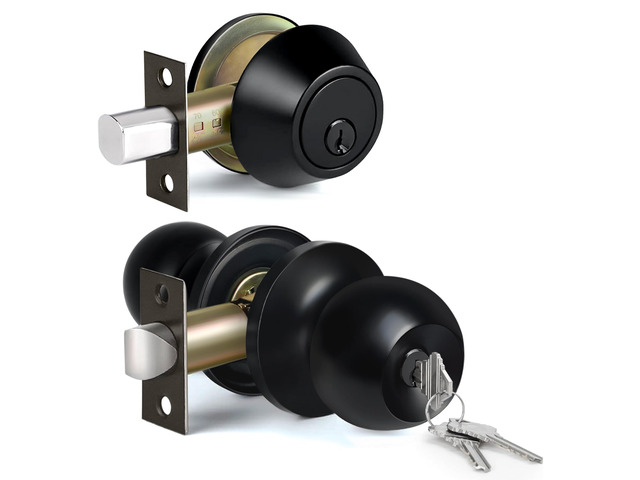 Exterior Door Knob with Key Lock and Deadbolt, Keyed Alike Matte Black, Door Knob and Single Cylinder Deadbolt Combination Set