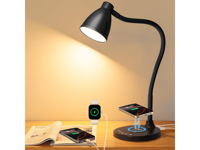 Desk Lamp for Home Office with USB C+A Charging Ports Timer Black LED Desk Light with Wireless Charger 5 Colors Stepless Dimming Reading Light...