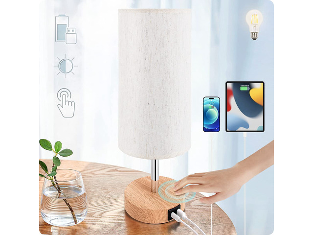 Bedside Lamp with USB A+C Port - Touch Control Table Lamp for Bedroom Wood 3 Way Dimmable Nightstand Lamp with Round Flaxen Fabric Shade for Home...
