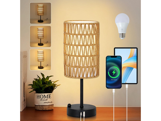 Touch Table Lamp For Bedroom with Bulb, Boho Small Desk Lamp For Living Room With Rattan & Linen Shade, 3 Way Dimmable Bedside Table Lamp For...