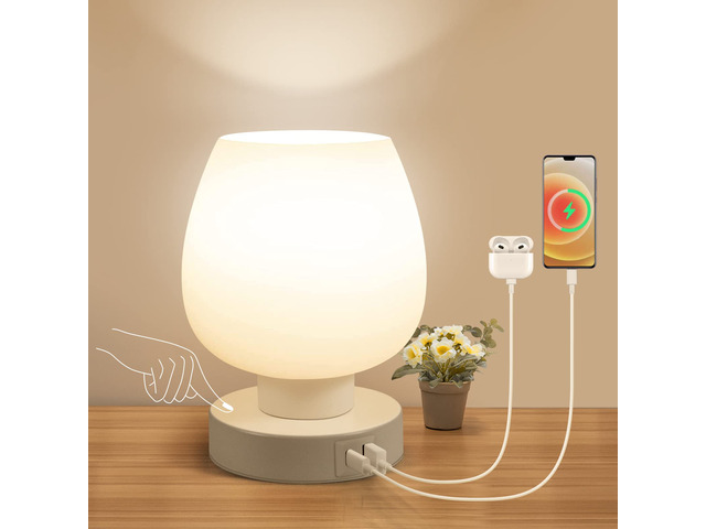 Touch Bedside Table Lamp - Small Lamp for Bedroom with USB C+A Charging Ports 3 Way Dimmable, Nightstand Desk lamp with White Opal Glass Lamp Shade...