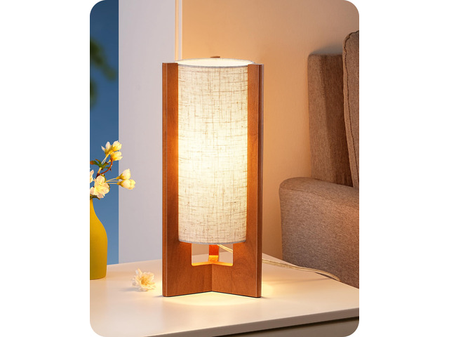 13.5' Small Table Lamp, Walnut Wood Cylinder Nightstand Lamp, E26 Beige Linen Shade, On-Off Line Switch, Three-Sided Base, Corner Modern Bedside...