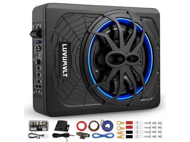 1200W 10' Car Subwoofer, Slim Under Seat Powered Subwoofer and Amp Package,High/Low Level Input, Car/Truck Audio Sub Built-in Amplifier amp Combo...