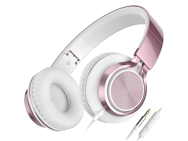 C8 Wired Headphones with Mic for Kids School,3.5mm Jack, Rose Gold On-Ear Noise Isolating Headphones with Volume Control, Foldable Corded Headset...