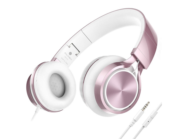 Kids Headphones for School with Mic Wired, 3.5mm Jack, Rose Gold On-Ear Headsets with Microphone for Chromebook Laptop Computer, Foldable...