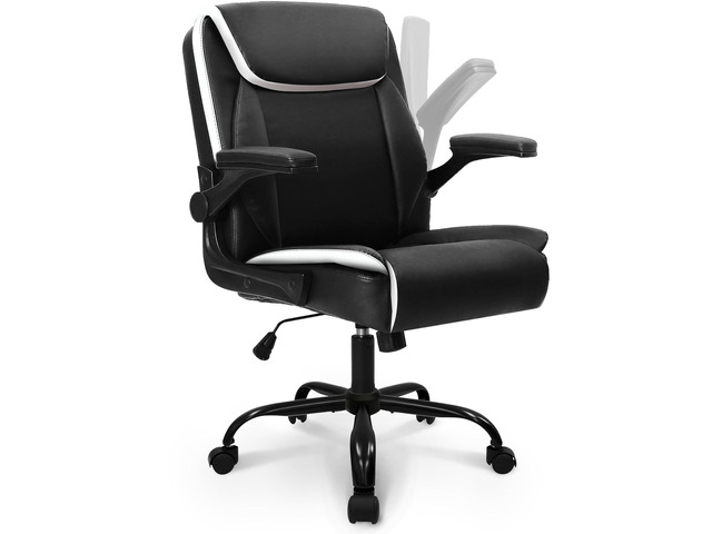 PU Leather Office Desk Chair with Adjustable Arms, Black White Ergonomic Mid Back Computer Desk Chair Comfy with Wheels Swivel Rolling for Home...