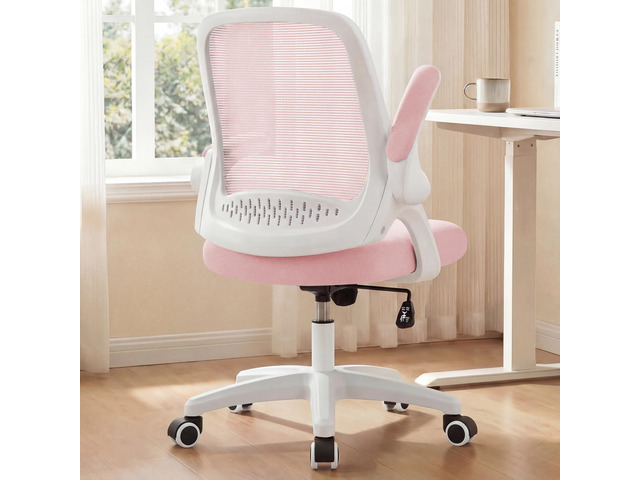 Office Desk Chair, Ergonomic Mesh with Flip-Up Armrests, Pink Lumbar Support, Height Adjustment, 360° Swivel and Rolling Base, Space-Saving...