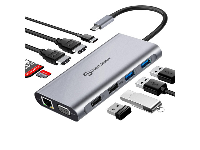USB C Docking Station Dual Monitor, 11 in 1 USB C Hub Triple Display, Laptop Dock with 2 HDMI, Ethernet, VGA, 100W PD, SD/TF Card Slot, 4USB for...