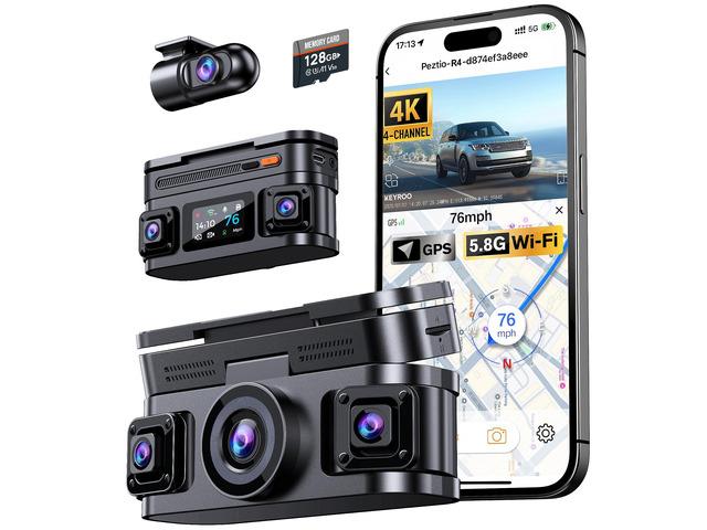360° View 4K 4 Channel Dash Cam Front and Rear Inside Left Right, Built-in GPS, 5.8GHz WiFi, Car Dash Camera for Cars with App Connect, Support...
