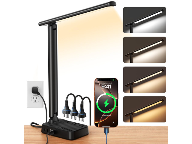 LED Desk Lamp with Power Strip, 3 AC Outlets, 4 USB Ports, Stepless Dimming 2800K-6500K Color, 2 USB-C, Foldable Design, Timer & Memory, Study,...