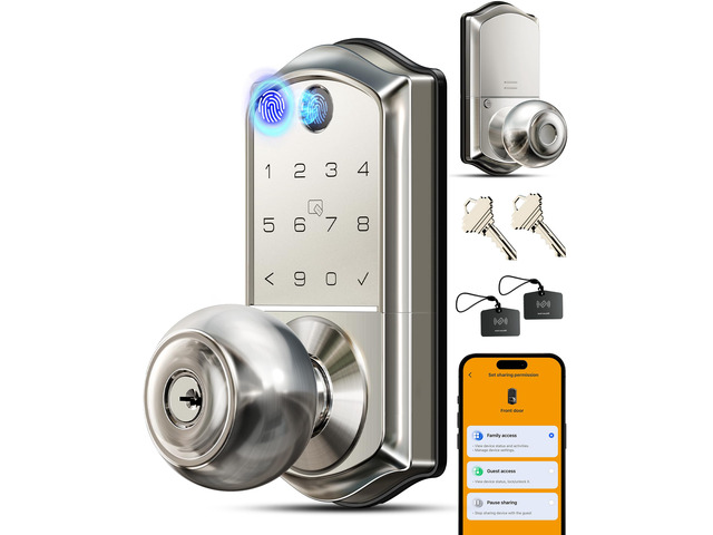 VE018 Fingerprint Keypad Smart Door Knob Handle Lock, Satin Nickel App Control, Electronic Touchscreen Keypad, Remote Grant Access, Fob Unlock,...