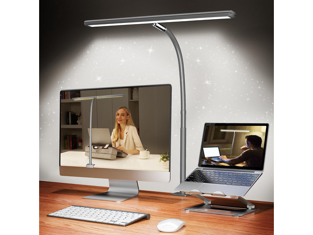 LED Desk Lamp with Clamp, 17' Stepless Dimming Light, Grey 2700K-6500K, 100 LEDs, 360° Gooseneck, Fits Up to 30' Monitors, Flicker-Free Lighting...