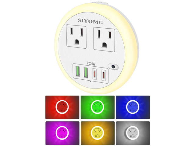 LED Night Lights Plug into Wall, Plug in Night Light with 4 USB Ports and 2 Outlets, Smart Dusk to Dawn Sensor 6-Color Adjustable, Night Light for...