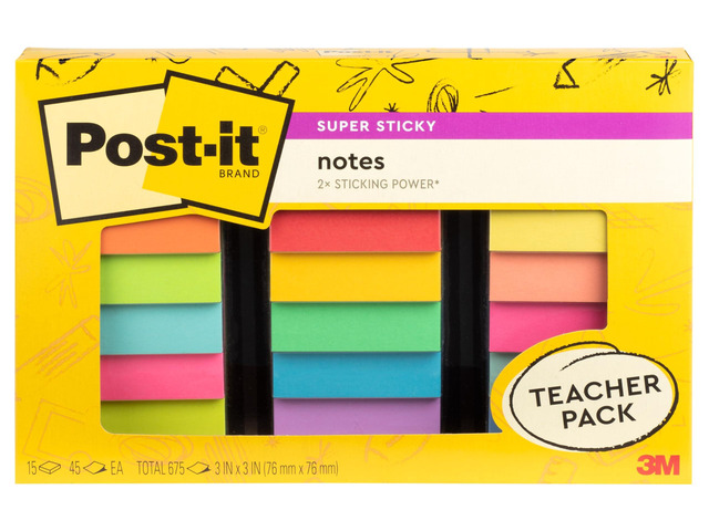 Super Sticky Notes Teacher Pack, Assorted Colors, 3 in. x 3 in., 15 Pads, 45 Sheets/Pad (654-15SSBTS-SR)