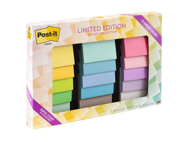 Super Sticky Notes, 3 x 3 in, Assorted Brights, 15 Pads School Supplies and Oce Supplies, 2X the Sticking Power