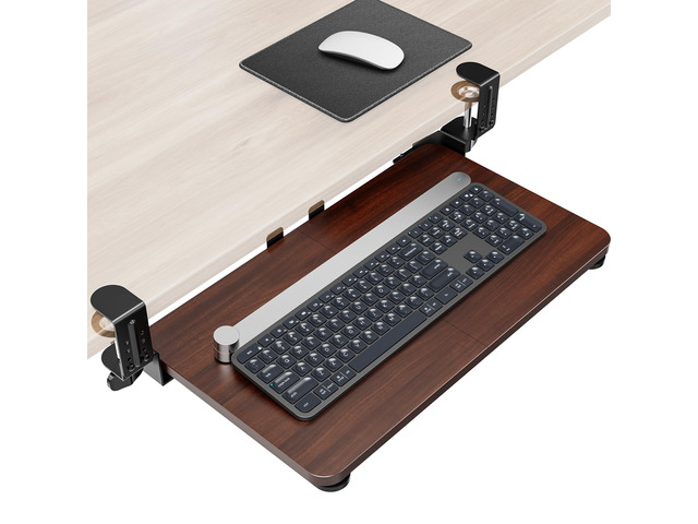 Ergonomic Mouse & Keyboard Tray Under Desk, 20x11.8In Board, Walnut Heavy Duty Keyboard Drawer, Adjustable Height C-Clamp, Slide-Out Platform, Desk...