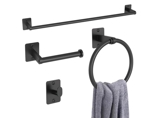 Black Bathroom Accessories Set, 4-Piece Bathroom Hardware Set 24 inch Towel Bar, Towel Racks for Bathroom, Robe Towel Hooks, Toilet Paper Holder...