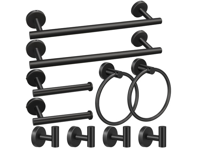 10pcs Matte Black Bathroom Hardware Set Including 16' Hand Towel Bars, Toilet Paper Holders, Towel Rings, Towel Hooks