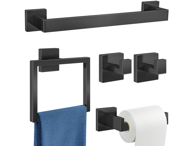 Bathroom Hardware Accessories Set, 5-Piece 16In Black Wall Mounted Towel Racks for Bathroom Stainless Steel Towel Bar Rack Set