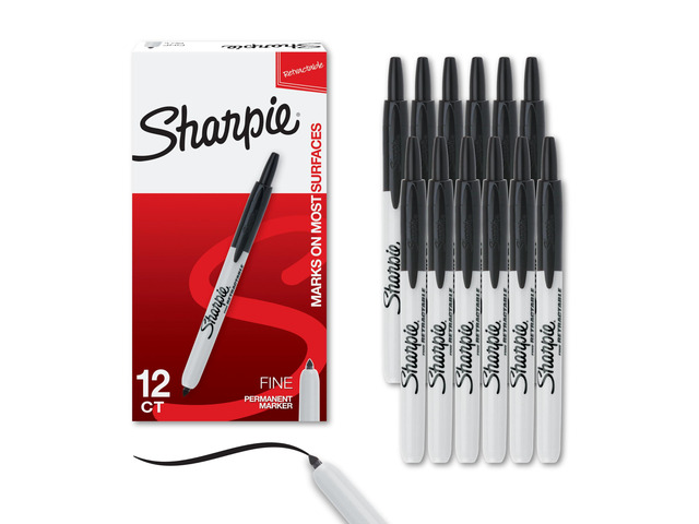 Retractable Permanent Markers, Fine Tip, Black, 12 Count - Desk, Classroom, Office Supplies