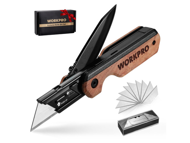 2-in-1 Folding Knife/Utility Knife, Wood Handle Quick-Change Box Cutter, Liner Lock, Belt Clip, 10 SK5 Blades, Carton Cutting, Camping, Hiking,...
