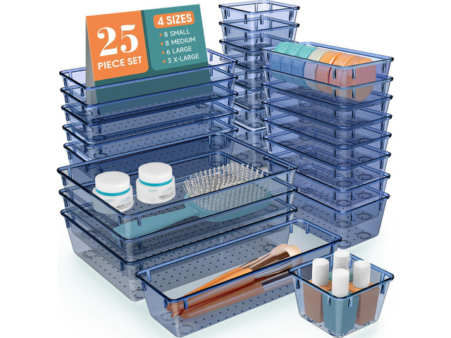 25 PCS Plastic Drawer Organizer Set, Makeup Organizers and Storage Bins 4 Sizes Desk Drawer Divider Organizers and Storage Bins for Jewelry,...