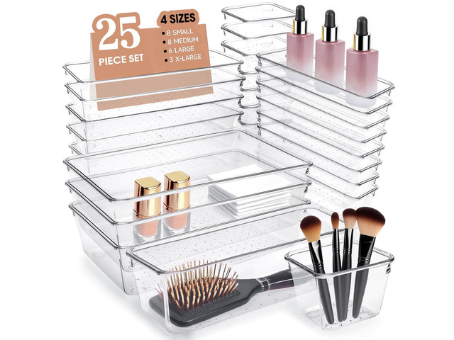 Clear Acrylic Drawer Organizers Set Storage for Makeup, Office Desk Small Vanity Trays for Drawer Bathroom Plastic Make up Organizers 25 Pcs