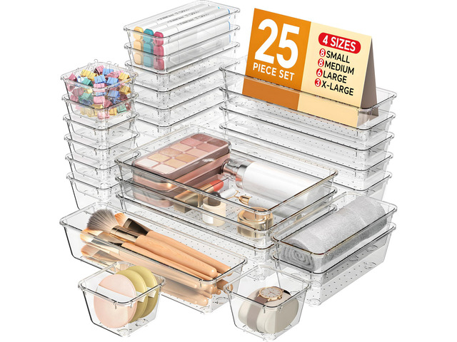 25 PCS Plastic Drawer Organizers Set, 4 Sizes Vanity Organizer Makeup and Desk Drawer Organizer Trays, Organization and Storage for Makeup,...