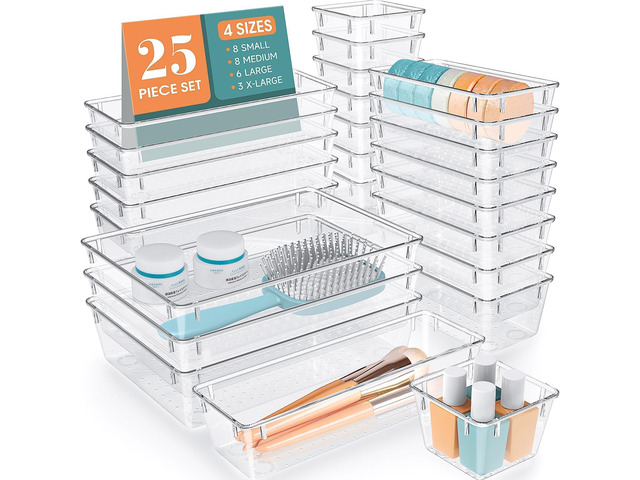 25 PCS Clear Plastic Drawer Organizer, Makeup Organizers and Storage Bins 4 Sizes Desk Drawer Divider Organizers and Storage Bins for Makeup,...