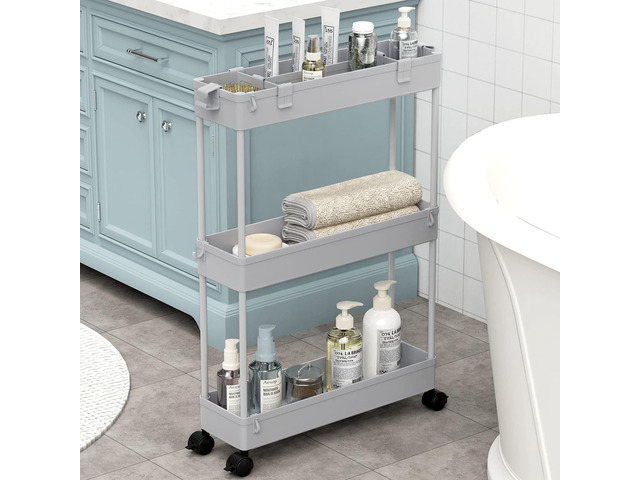 Slim Storage Cart 3 Tier,Bathroom Organizer Rolling Utility,Mobile Shelving Unit Slide Out for Office, Kitchen, Laundry Room & Narrow Places,Gray