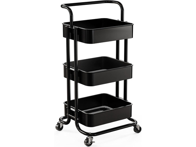 Metal 3 Tier Rolling Cart with Handle & 2 Lockable Wheels, Black Four Large 2' Wheels for Easy Motion, Sturdy Metal, Hold 22 lbs per Shelf, Ideal...