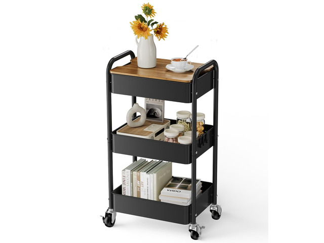 3-Tier Rolling Cart with Table Top, Metal Utility Cart on Wheels Sturdy Storage Organizer Cart with Lockable Wheels & Hooks for Craft, Office,...